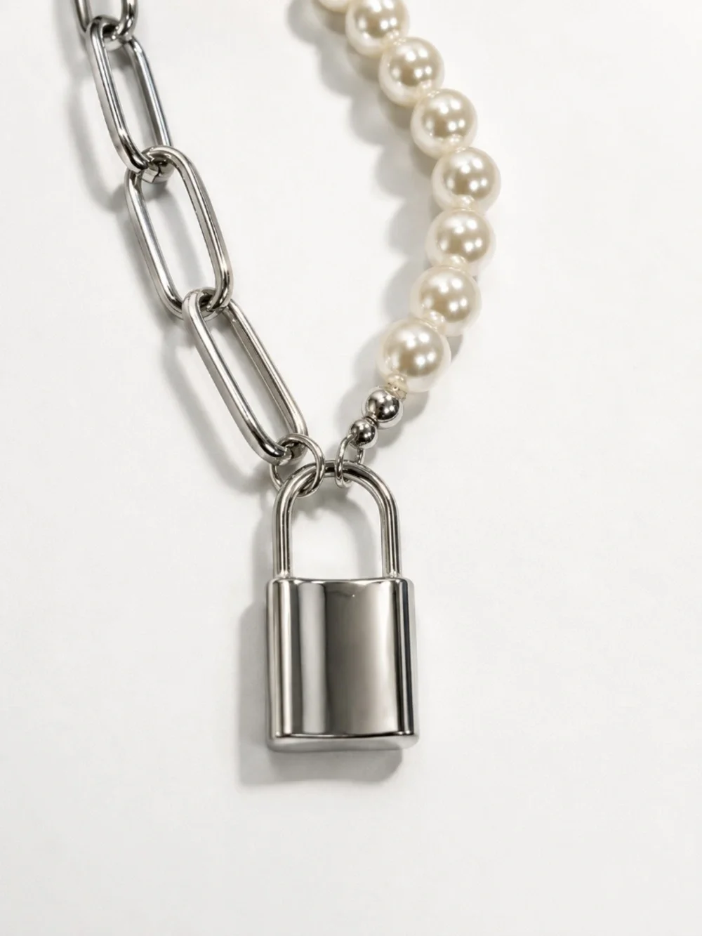 Silver-Tone Pearl & Paperclip Chain Lock Necklace